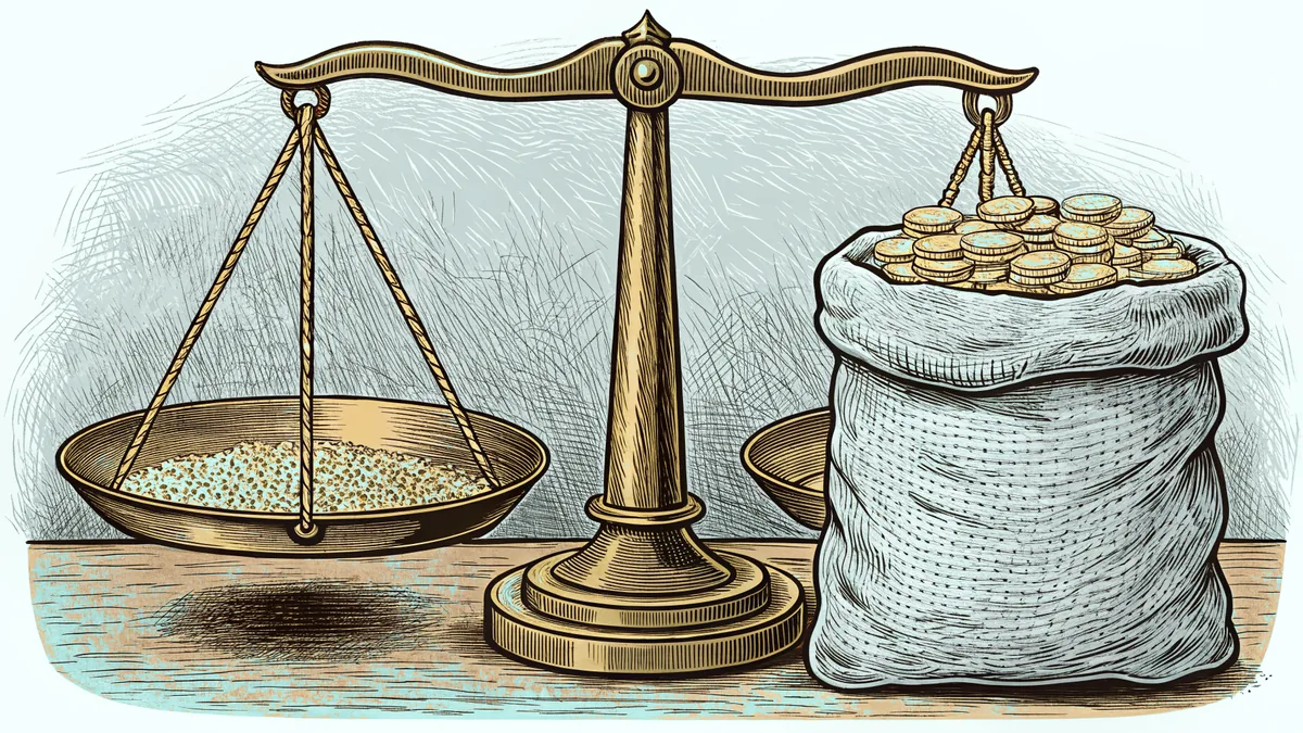 A brass balance scale holds a stack of coins on one pan, a burlap grain sack alongside.