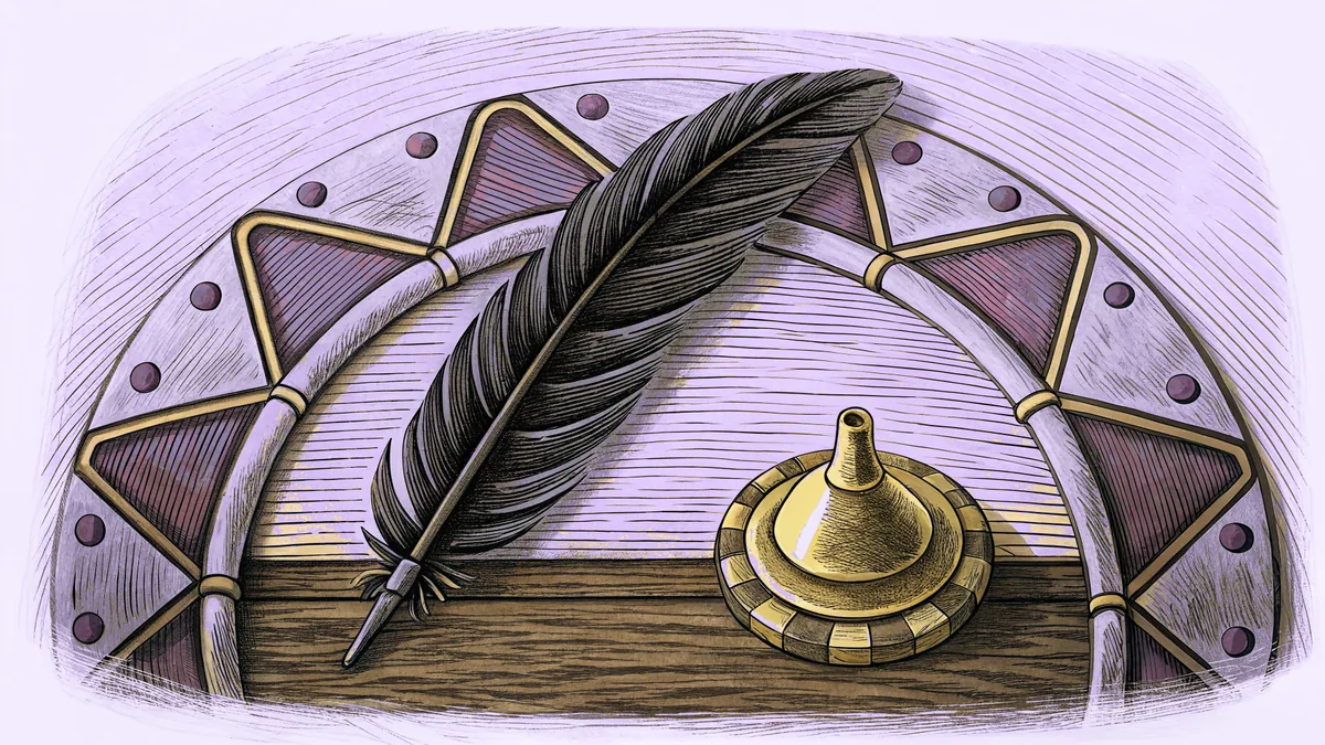 A black feather quill and a tall brass vessel on dark wood, against an arched decorative backdrop.