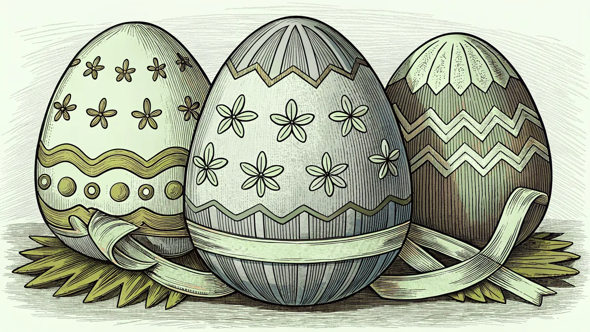 Decorated eggs covered in glitter and ribbons surrounded by paint brushes and dye cups