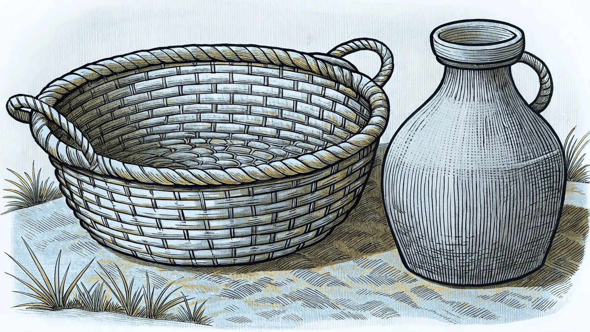 A woven reed basket and a rounded clay water jar resting on sunlit sand.