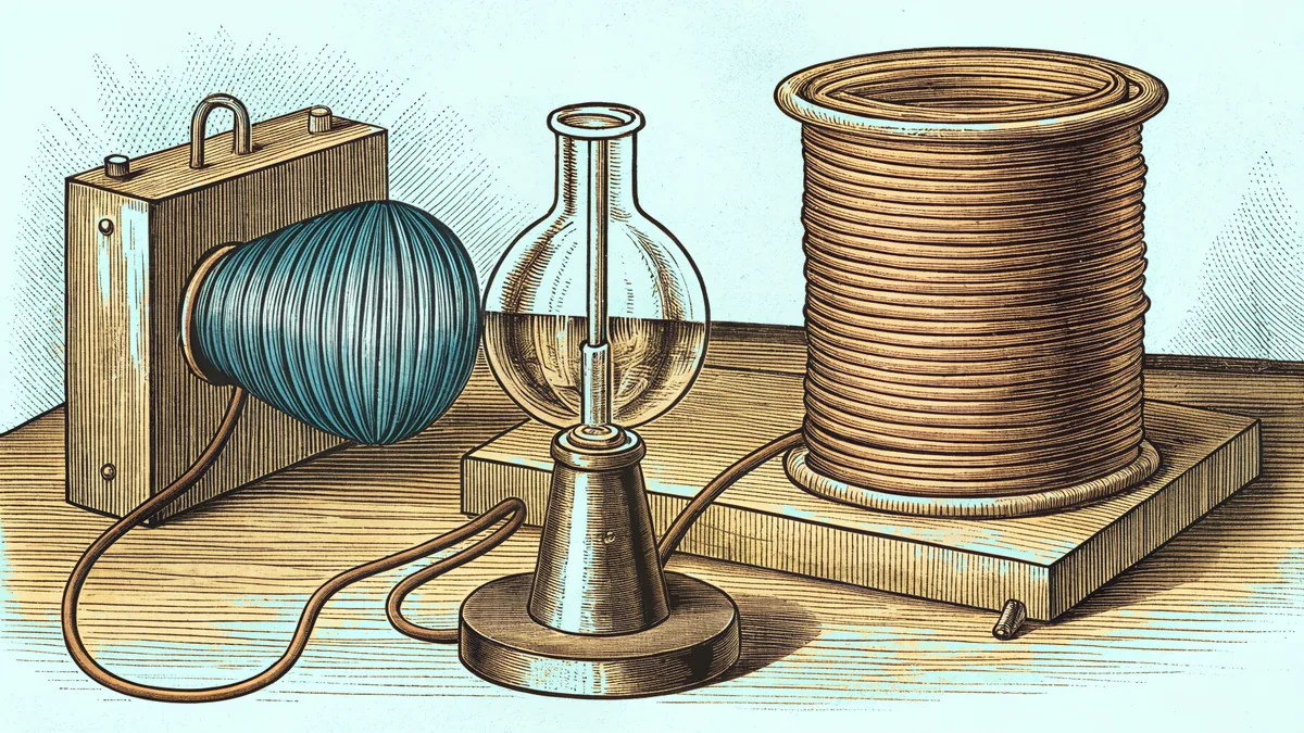 A round-bottomed flask stands between a spool of copper wire and a blue-wound coil on a wooden board.