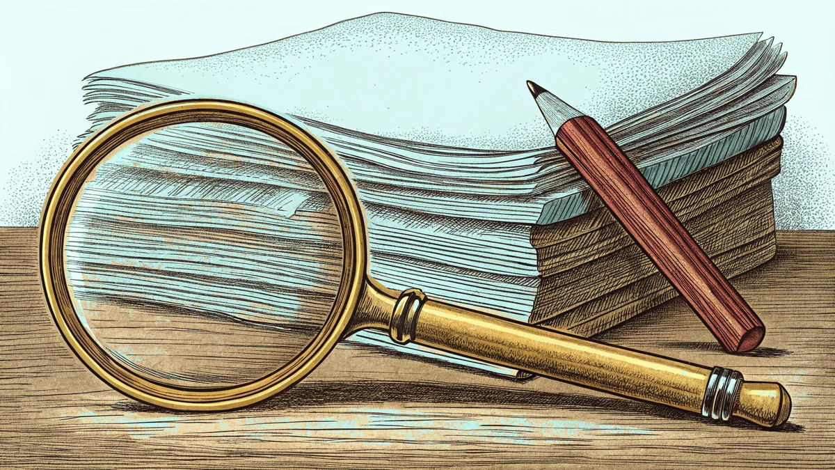 A pencil and a magnifying glass rest beside a stack of blank paper on a desk.