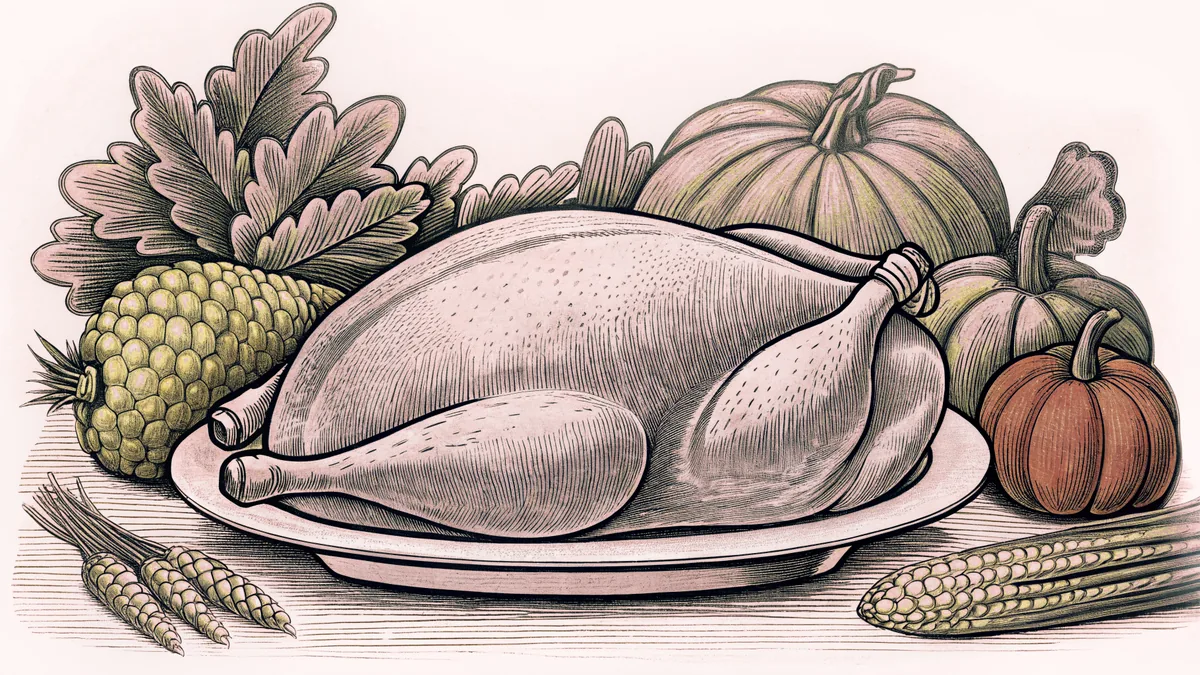 A roast turkey surrounded by harvest gourds and ears of corn on a table.