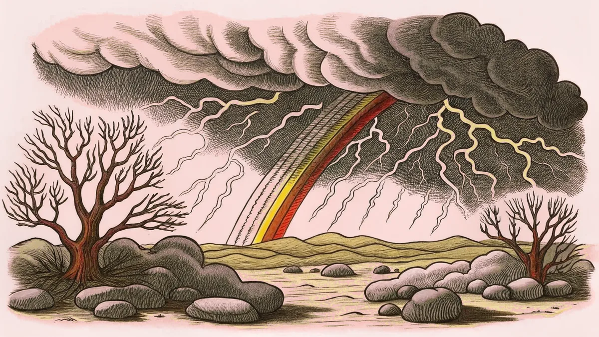 Weather phenomena ranging from storm clouds and lightning to rainbows and sunshine.