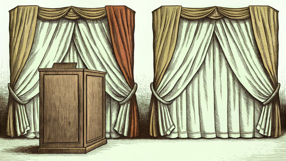 A sealed ballot box stands beside a curtained voting booth and a small lapel pin.
