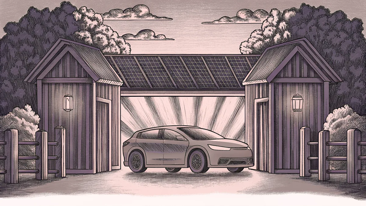 A sleek electric car charges at a modern station with illuminated indicators and rooftop panels.