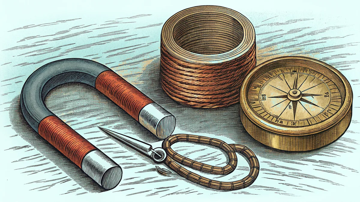 A horseshoe magnet pulls iron filings apart next to a small compass and a loop of copper wire.