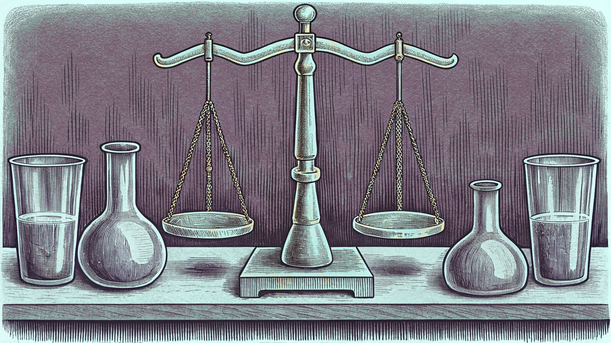 Plain glass beakers beside a brass balance scale on a laboratory bench.