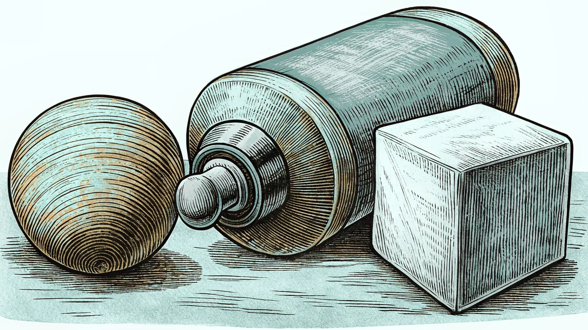 A squeezed tube of paint lies beside a polished wooden sphere and a coarse unfired clay cube.