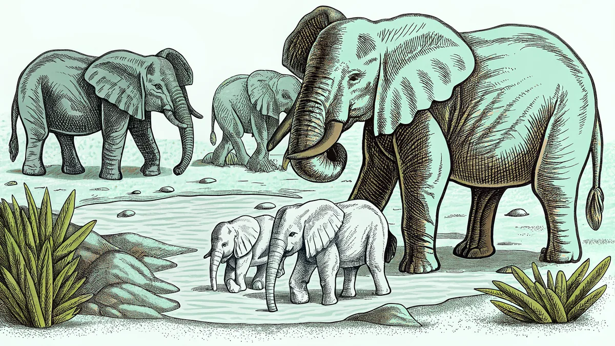 A family of African elephants splash and play in muddy water on the golden savanna