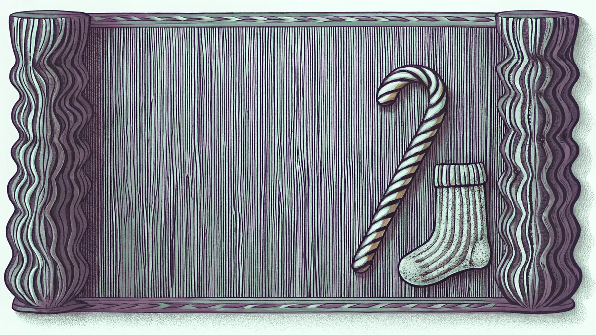 A striped candy cane beside a small knitted stocking.