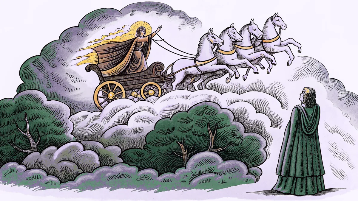 A fiery chariot rising through a whirlwind with ravens flying and an ancient prophet's robe.