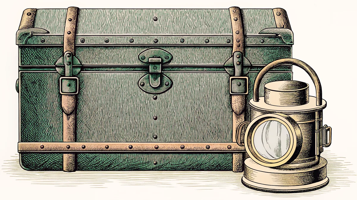 A weathered steamer trunk sits beside a brass inspection lamp at a harbor ferry dock.