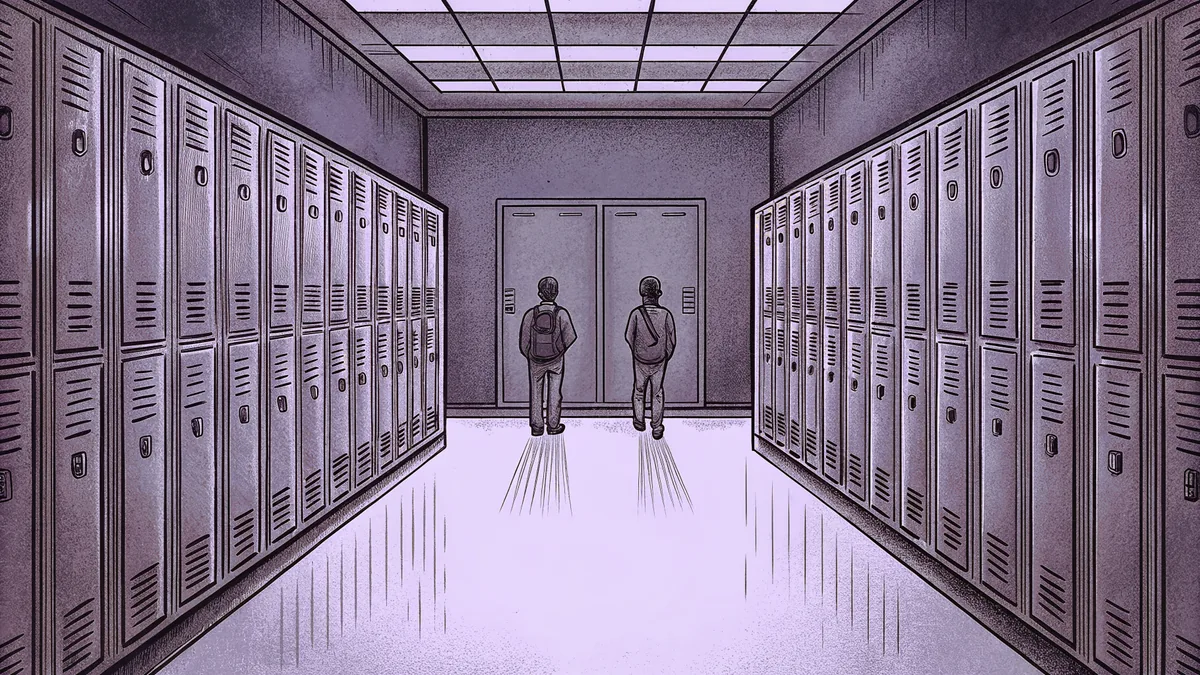 A school hallway stretches with student lockers lining both walls and bulletin boards displaying notices overhead.