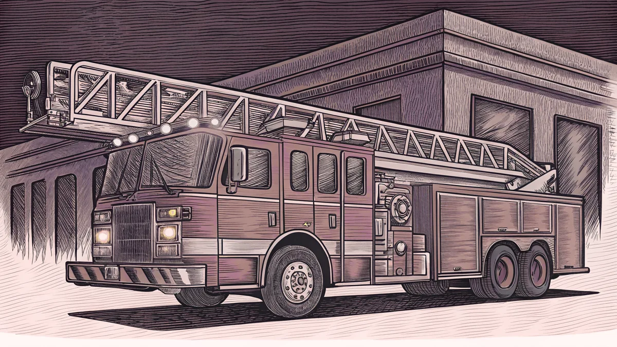 A bright red fire truck stands ready with extended ladder and emergency lights flashing.