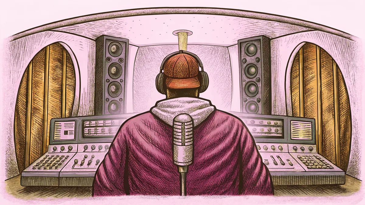 A professional recording studio with a microphone and mixing equipment visible.