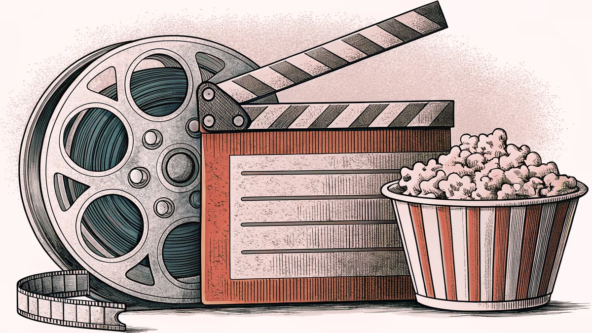 A film reel and unmarked clapper board sit beside a popcorn box on a theater ticket counter.