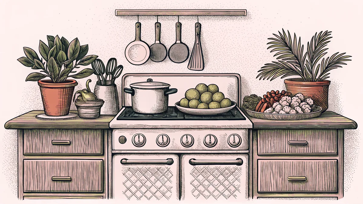 A well-stocked kitchen with appliances, cookware, and dining essentials.