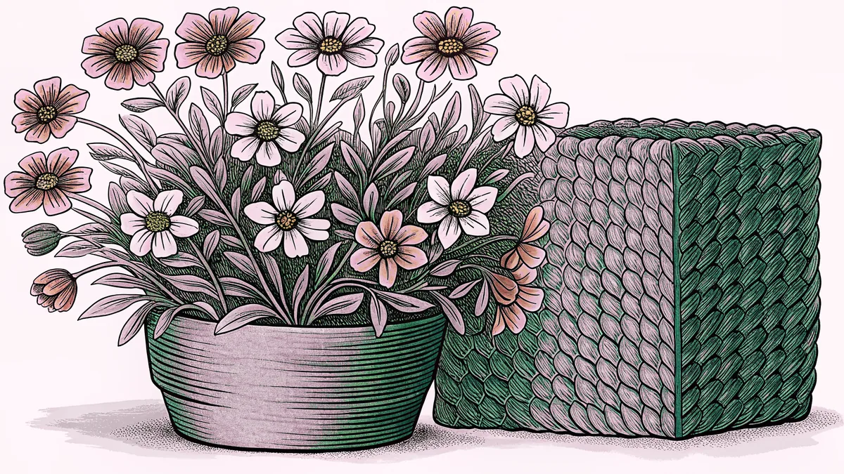 A bundle of fresh flowers fills a clay vase beside a woven basket.