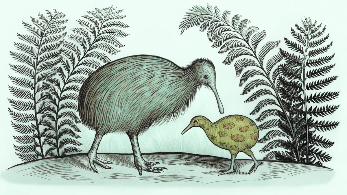 Unique New Zealand birds including a kiwi, kakapo, and other endemic species in native habitat