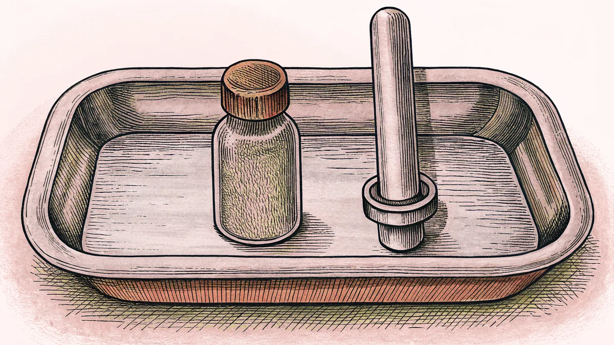 A slender glass rod and a small stoppered bottle resting on a polished tray.