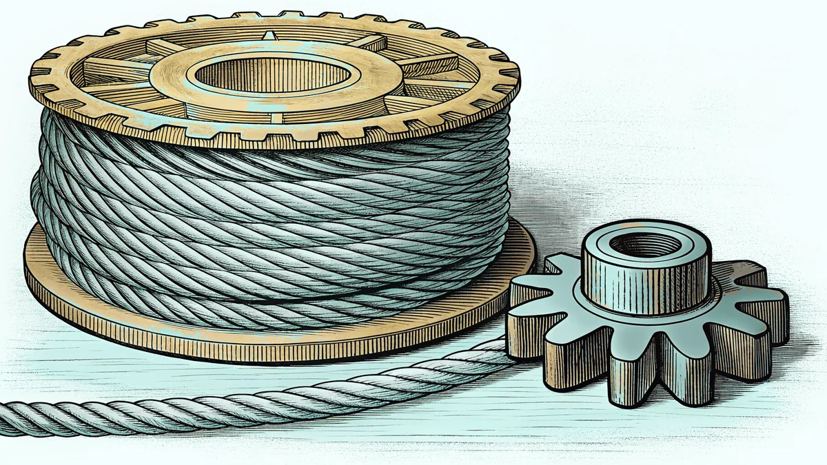 A large brass gear wheel with wire wound on a spool beside it, and a smaller sprocket in the foreground.
