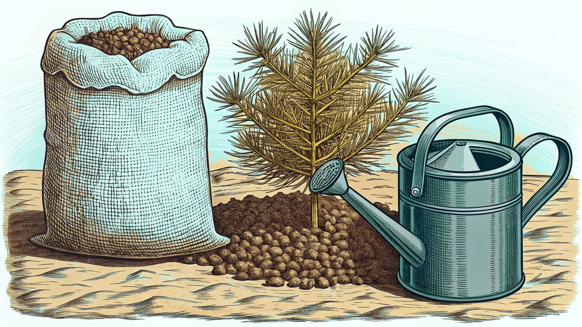 A pine seedling planted in a mound of seeds beside a watering can, with a full burlap sack standing alongside.