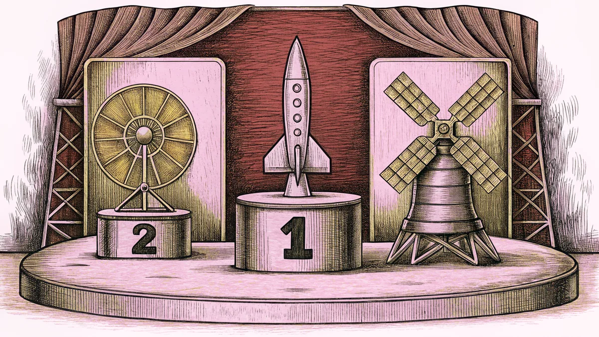 A miniature rocket model stands beside a propeller and satellite dish toy on a pedestal.