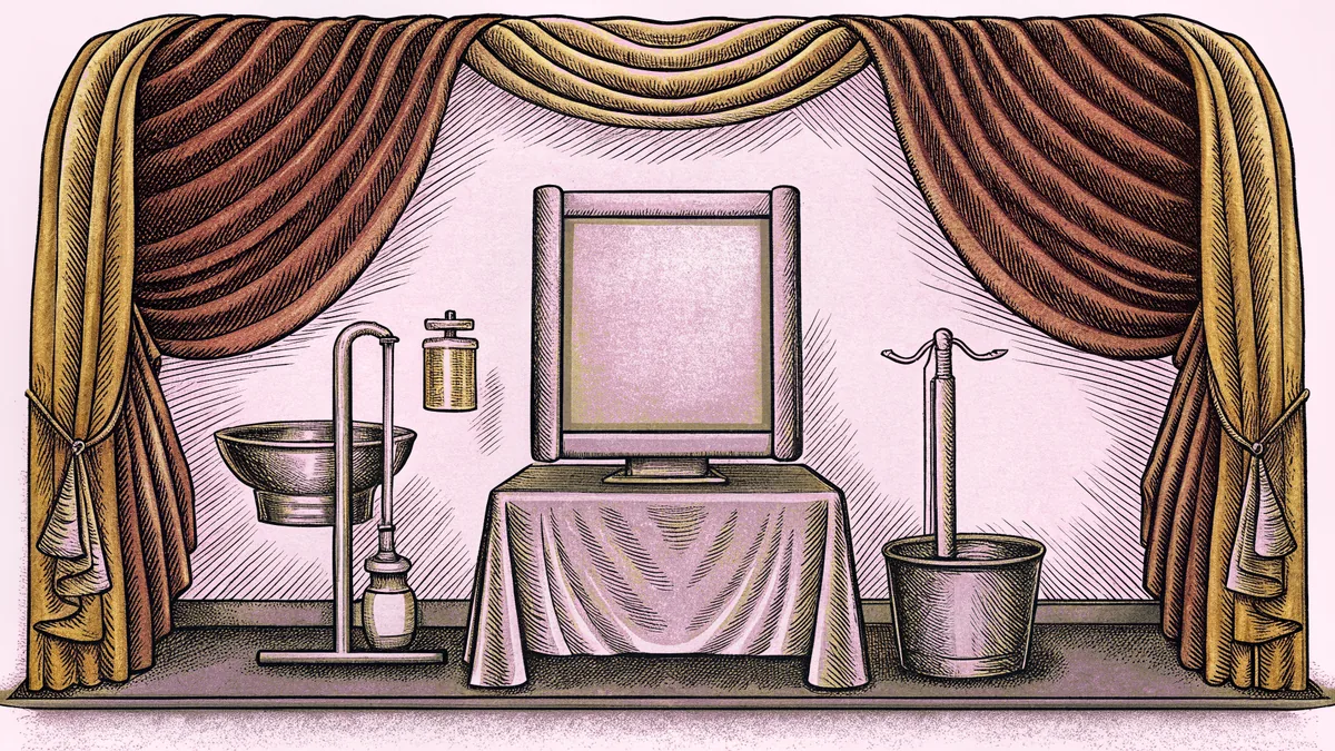 Medical equipment including a monitor, IV stand, and surgical tray on a hospital workstation.