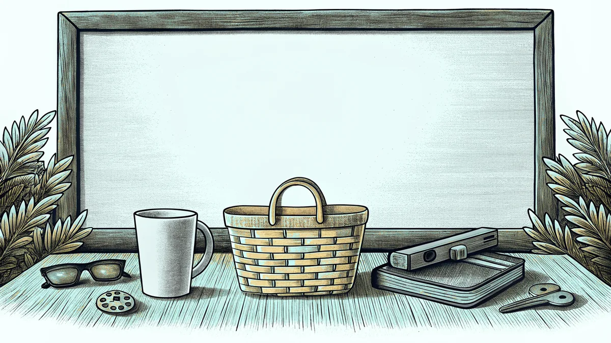 A coffee cup and a grocery basket sit beside a set of keys resting on a bench.