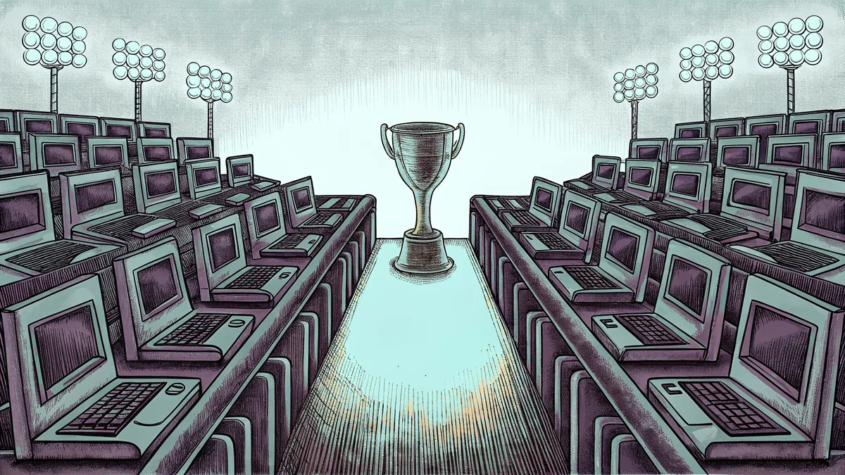 A competition hall of gaming desks and headsets beneath a raised trophy.
