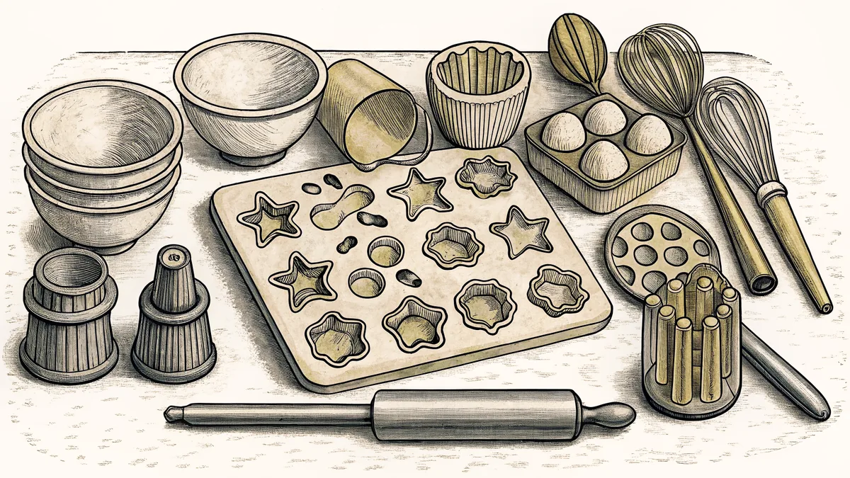 Baking equipment and tools arranged on a kitchen counter.