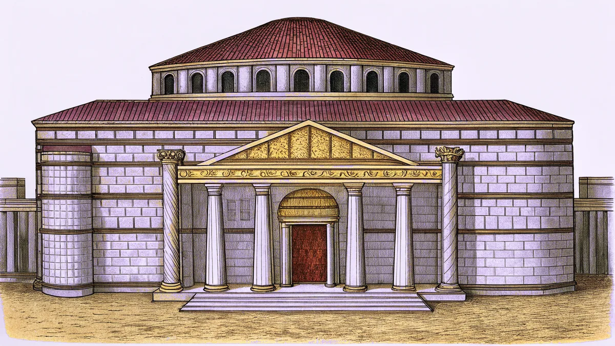An Etruscan temple interior with divine figures depicted in stone reliefs and sacred vessels.