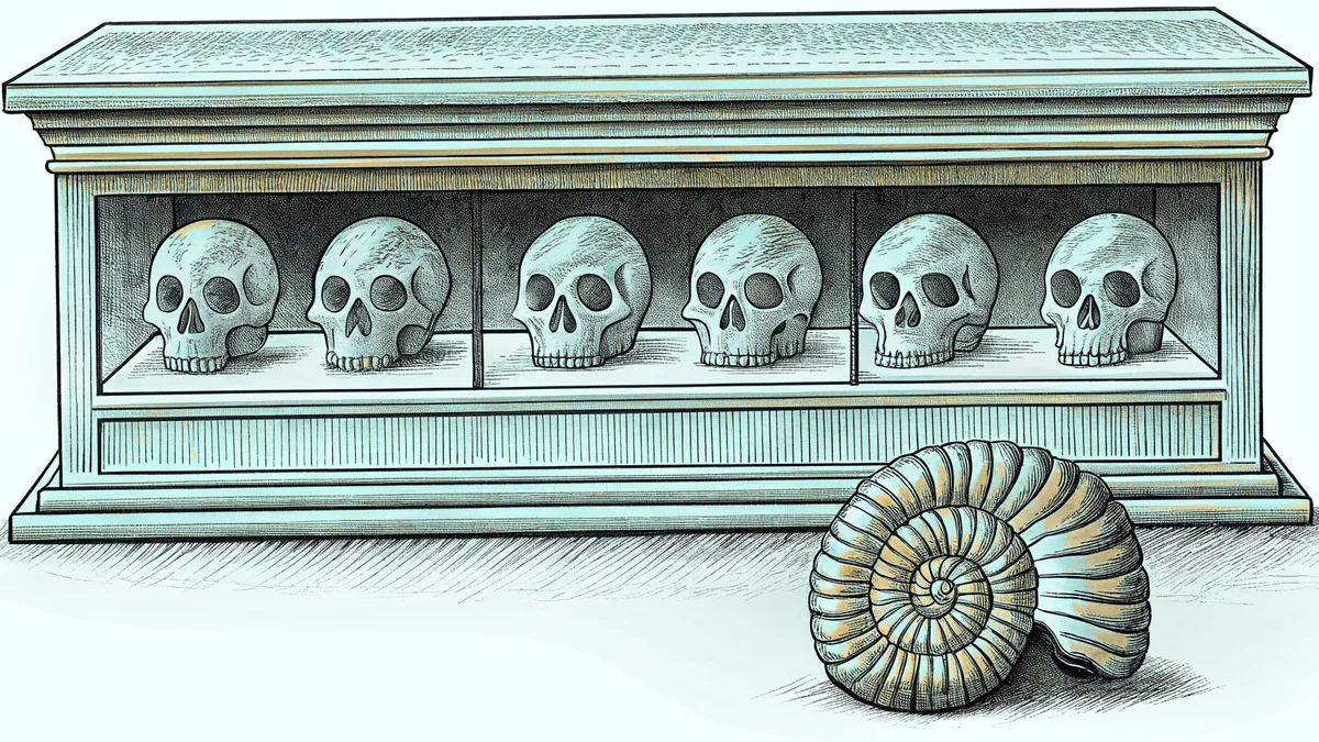 Fossil skulls line a museum case above an ammonite and a preserved finch specimen.