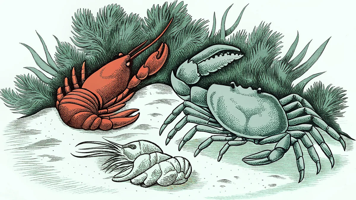 Crustaceans including a lobster and crab on a sandy sea bottom.