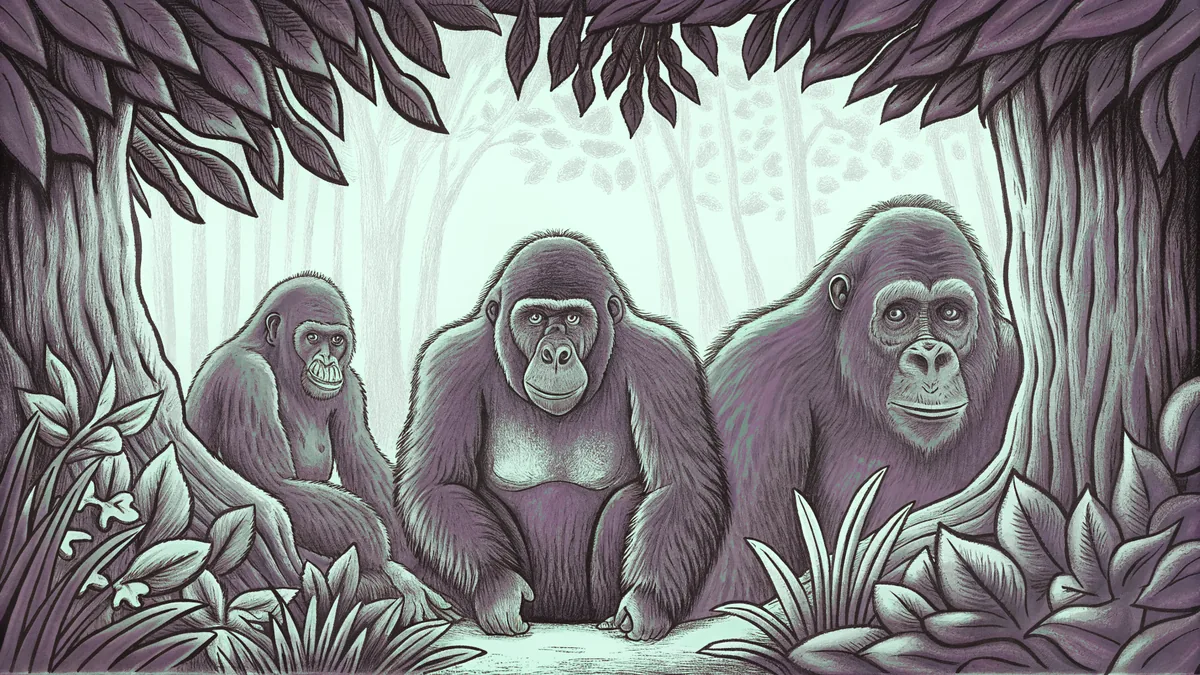Primates gathered in a lush jungle with green vines and towering trees.