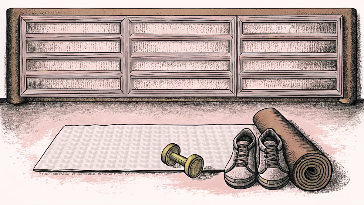 Fitness studio with exercise mats and training gear.