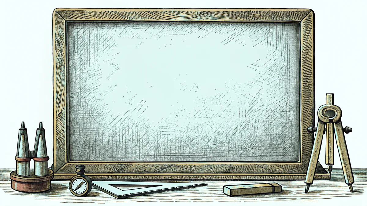 Blank chalkboard showing mathematical exponents and powers with scientific instruments arranged on a lab table.