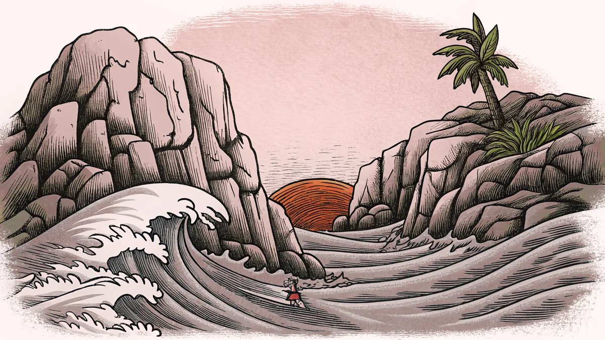 A surfer rides an ocean wave beside a rock climber on granite cliffs.