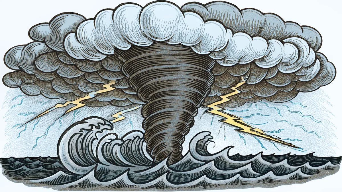 Extreme weather events including tornado, storm clouds, hail, lightning, storm surge.