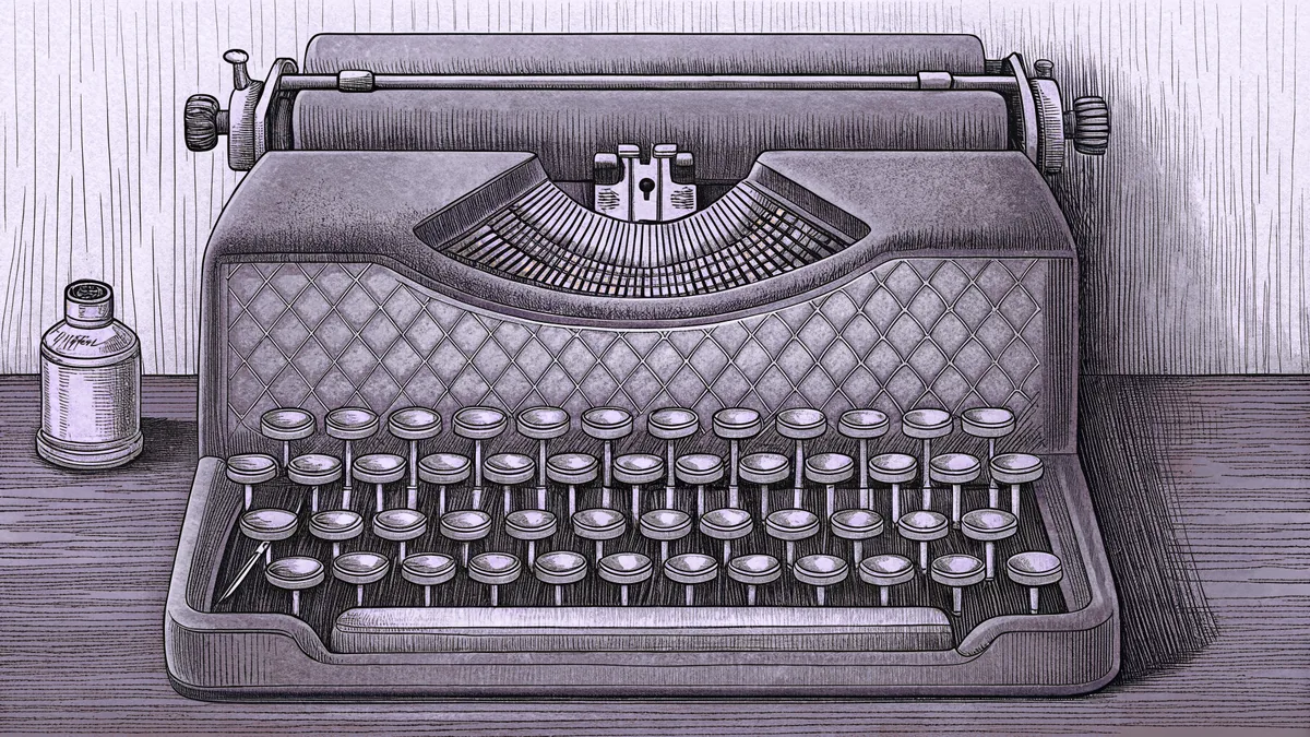 An art deco typewriter with crystalline accents sits beside an inkwell on mahogany furniture.