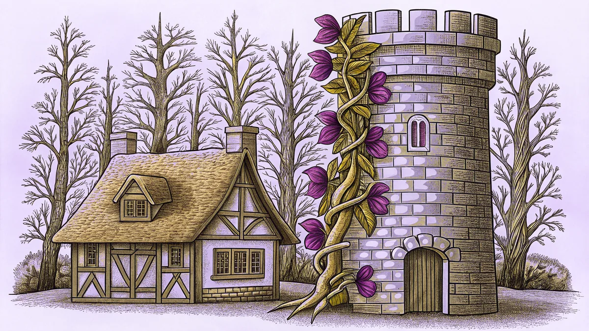 A thatched cottage stands beside a beanstalk winding past a stone castle tower deep in a forest.