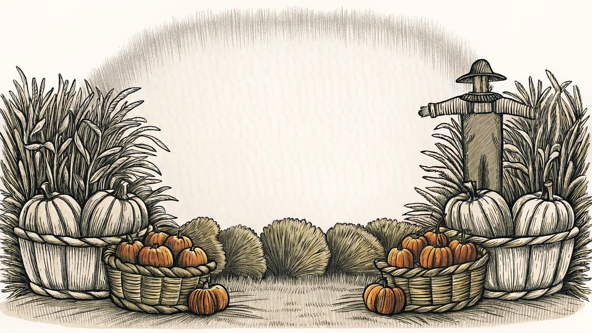 Scarecrow guarding autumn harvest with pumpkins and apples.