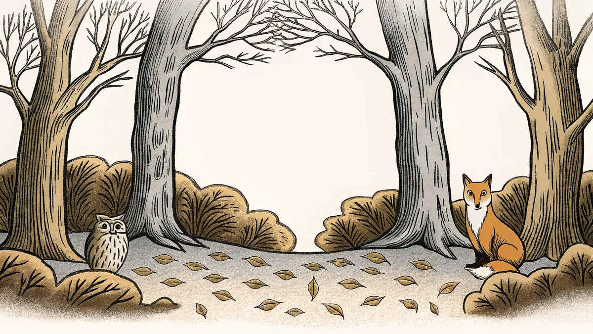 Woodland creatures among trees and golden leaves.