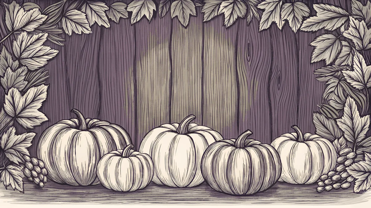 Fall produce arranged on a rustic harvest table.