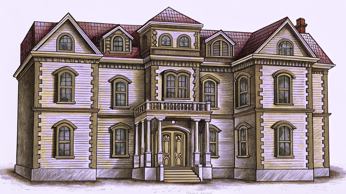 A crumbling manor house is reflected in dark water beside a guitar.