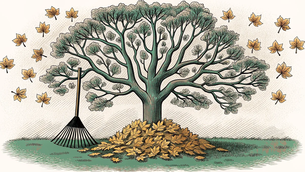 A maple tree with golden leaves, a rake, and a leaf pile in autumn.