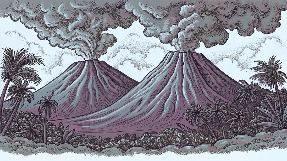 Volcanic mountains towering over lush jungle with smoke rising from the peaks.