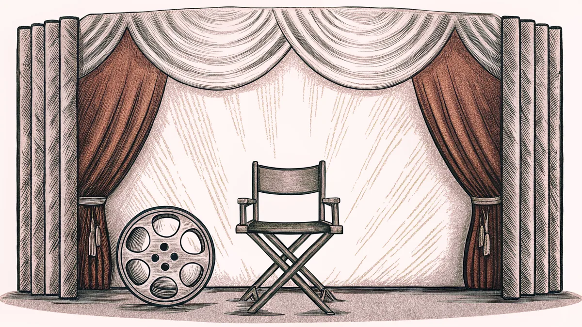 A vintage film canister and director's chair are bathed in warm theatrical light against a dark backdrop.
