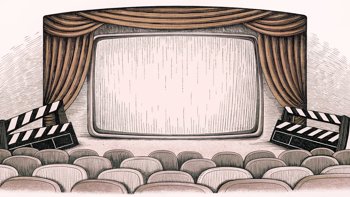 A classic boxy television and blank clapper board rest together on a studio floor under studio lights.